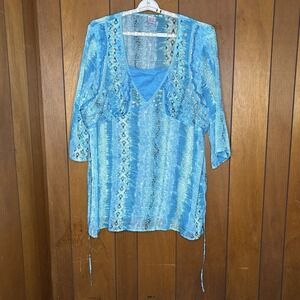 Bill Blass Jeanswear Tunic Top Woman 3X Blue Boho Resort Festival Embellished